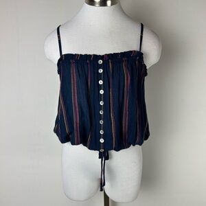 Elan Navy Multicolor Striped Faux Button-Front Tank & Adjustable Straps